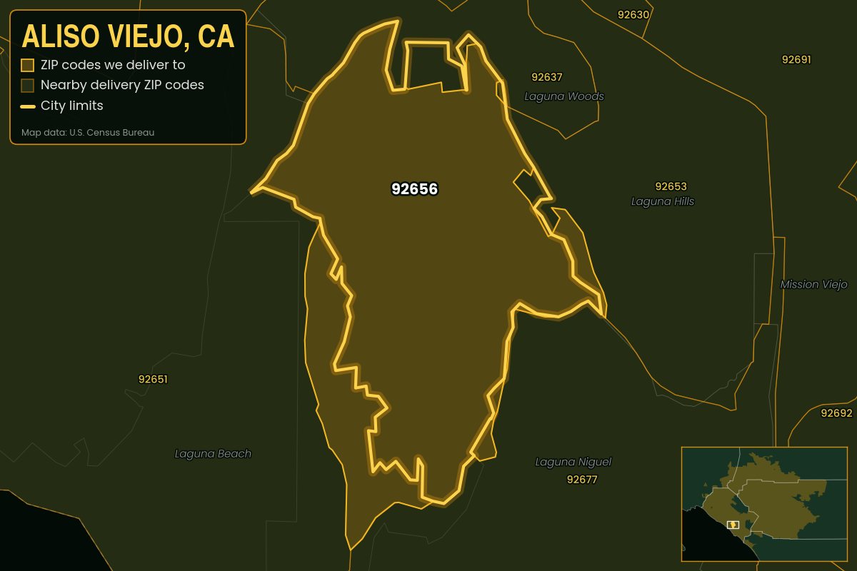Map of Aliso Viejo, CA showing the ZIP codes Kwiki delivers to: 92656