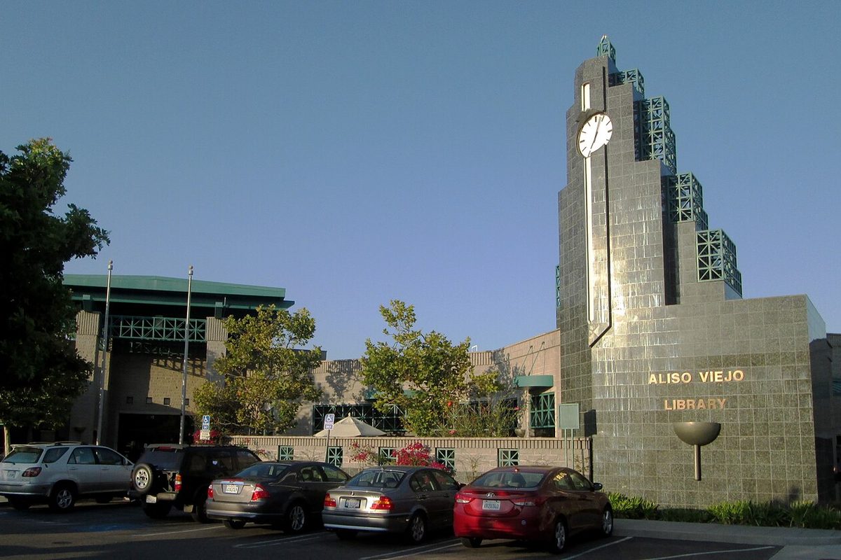 Aliso Viejo Library with its tiled clock tower in Aliso Viejo, California