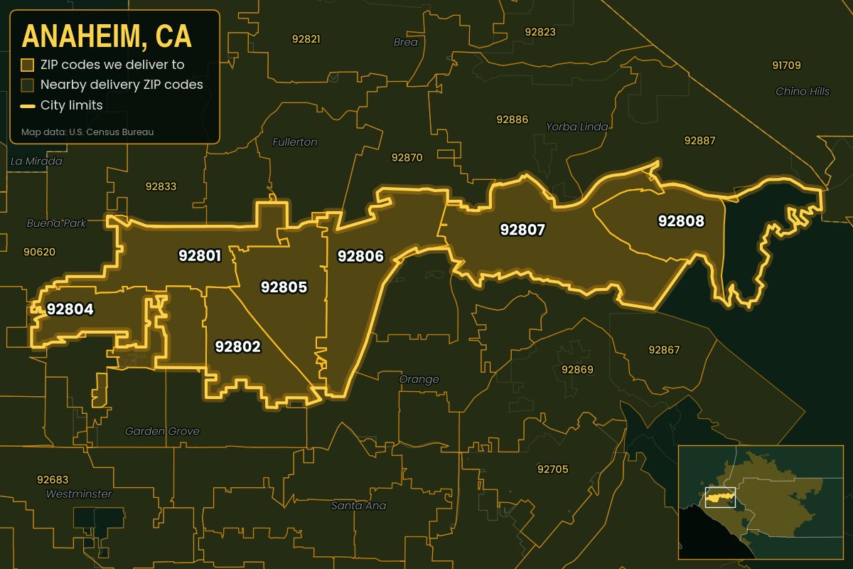 Map of Anaheim, CA showing the ZIP codes Kwiki delivers to: 92801, 92802, 92804, 92805, 92806, 92807, 92808