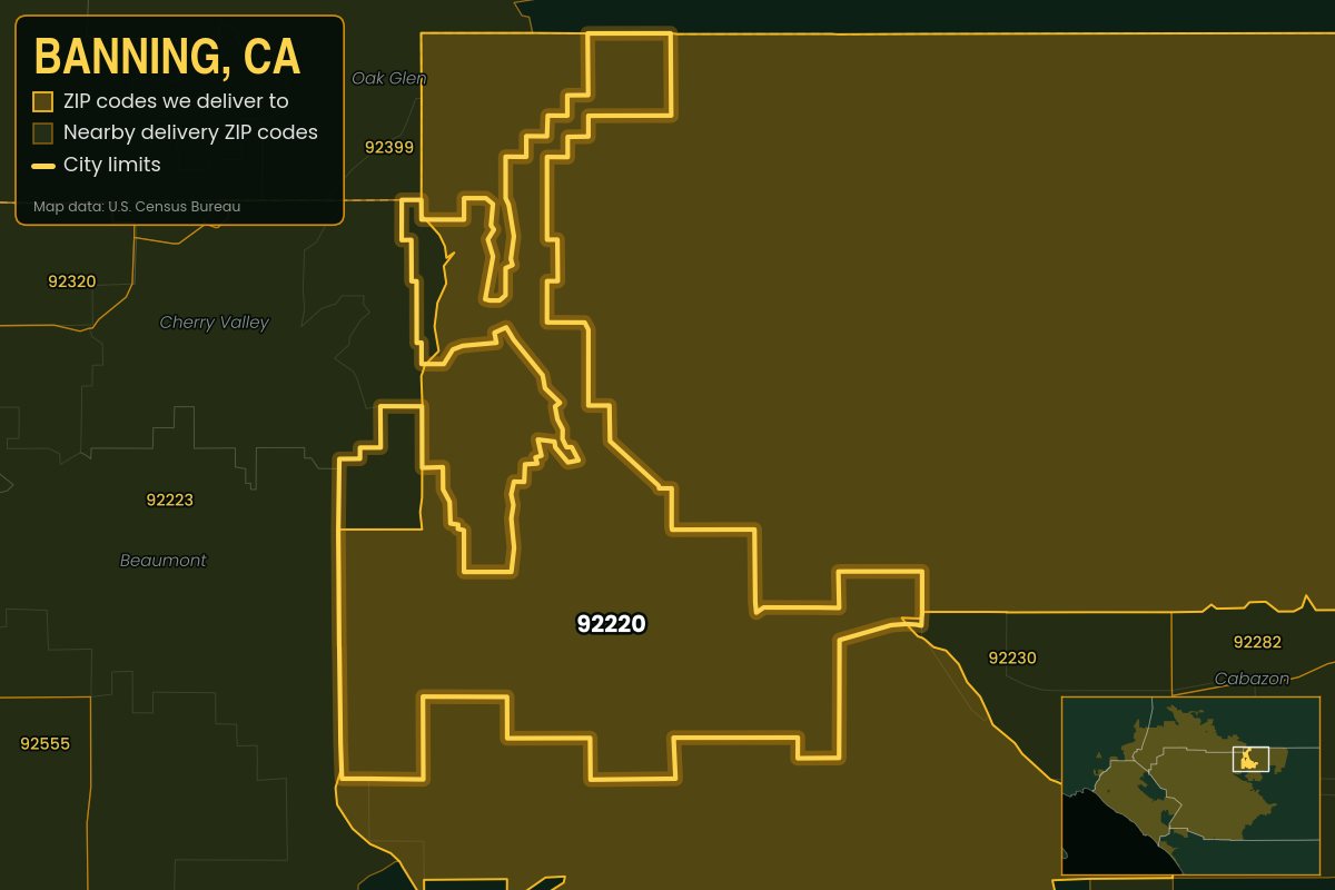 Map of Banning, CA showing the ZIP codes Kwiki delivers to: 92220