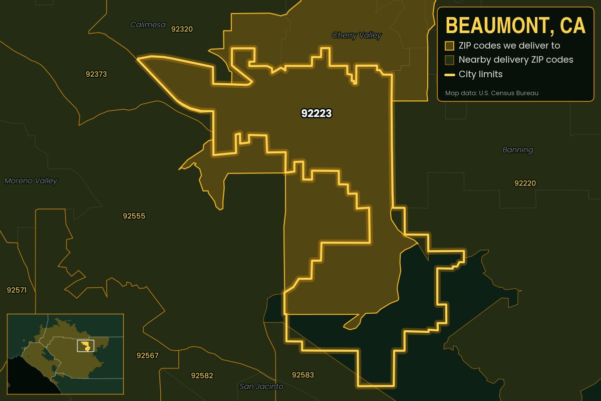 Map of Beaumont, CA showing the ZIP codes Kwiki delivers to: 92223