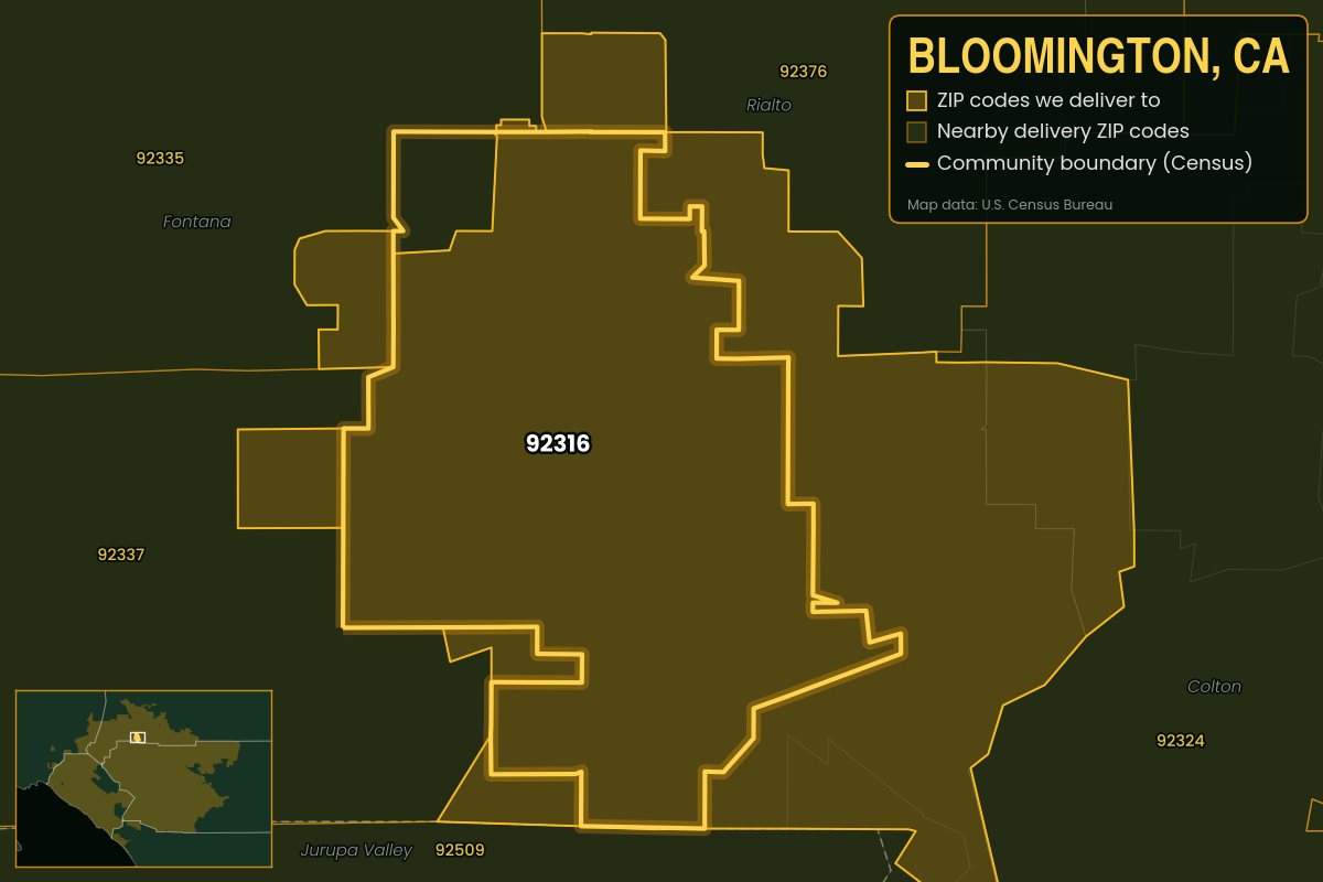 Map of Bloomington, CA showing the ZIP codes Kwiki delivers to: 92316