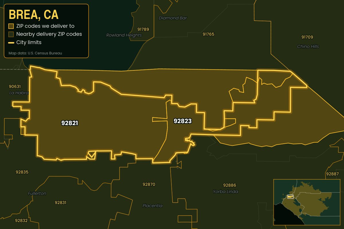 Map of Brea, CA showing the ZIP codes Kwiki delivers to: 92821, 92823
