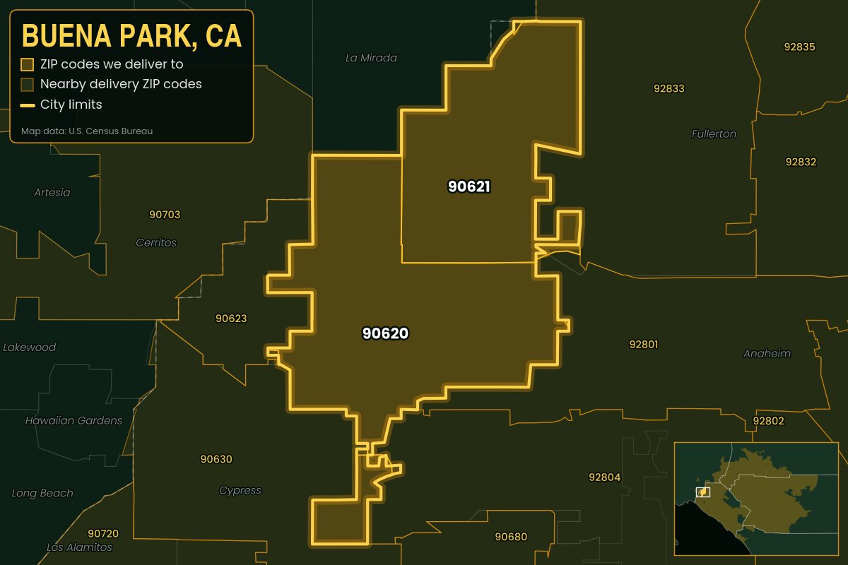 Map of Buena Park, CA showing the ZIP codes Kwiki delivers to: 90620, 90621