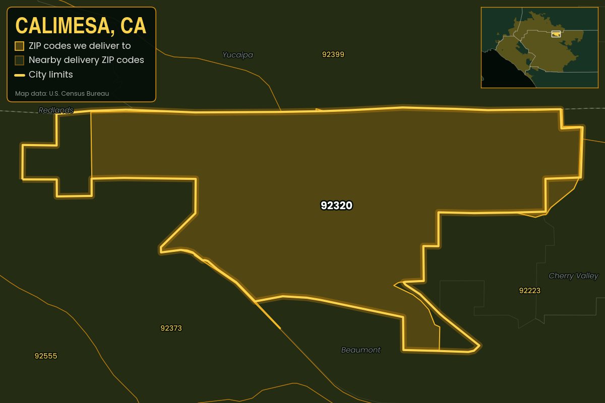 Map of Calimesa, CA showing the ZIP codes Kwiki delivers to: 92320
