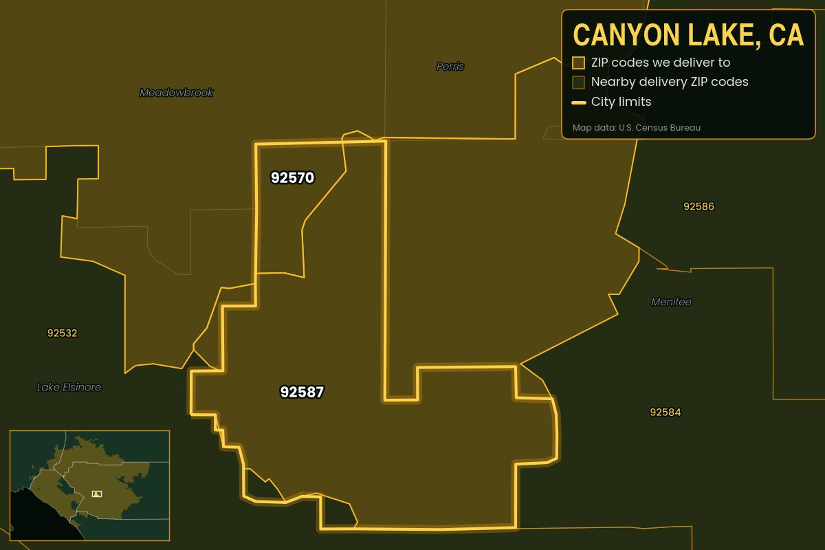 Map of Canyon Lake, CA showing the ZIP codes Kwiki delivers to: 92570, 92587