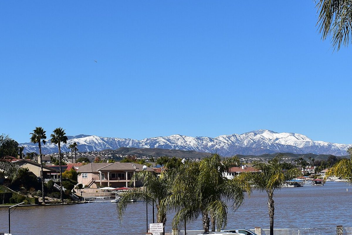 Canyon Lake, California, looking west across the lake toward the snow-capped Elsinore Mountains