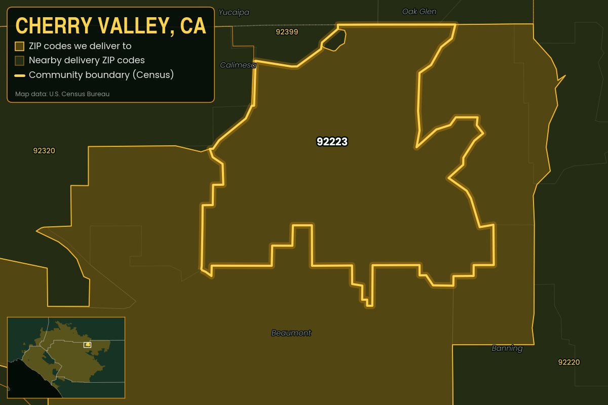Map of Cherry Valley, CA showing the ZIP codes Kwiki delivers to: 92223