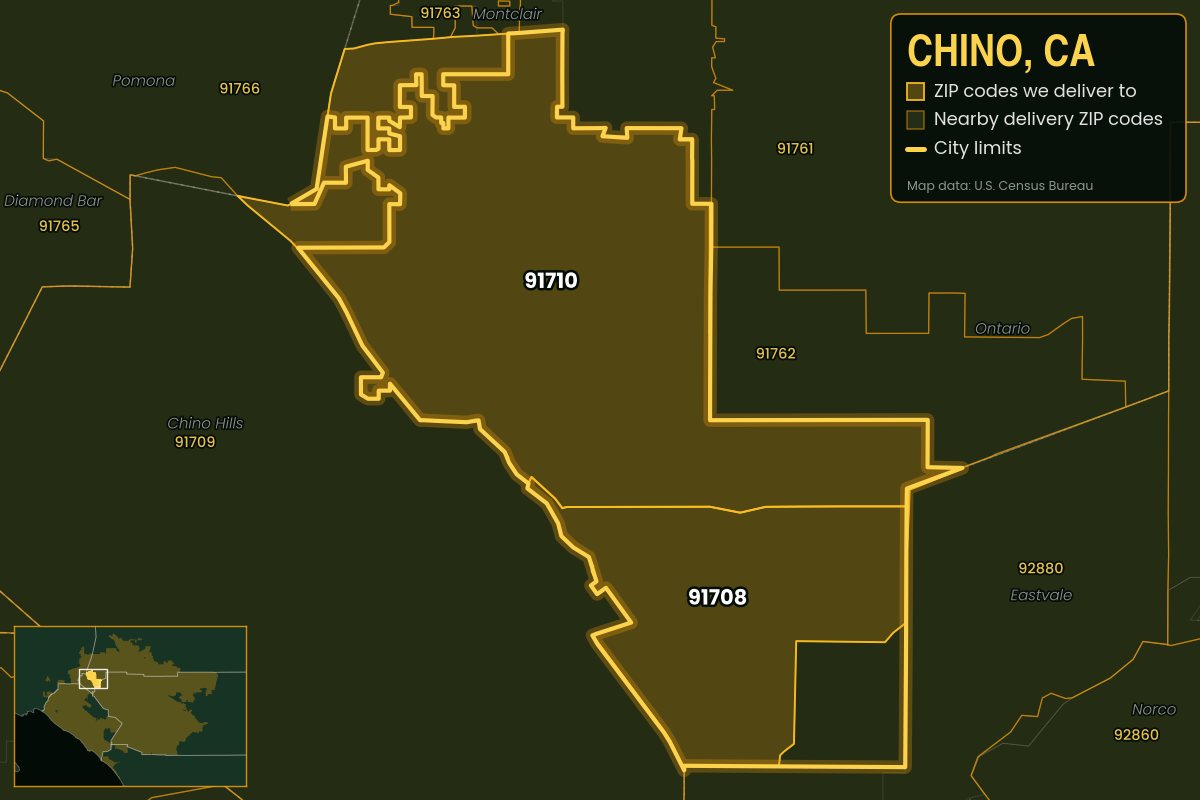 Map of Chino, CA showing the ZIP codes Kwiki delivers to: 91708, 91710
