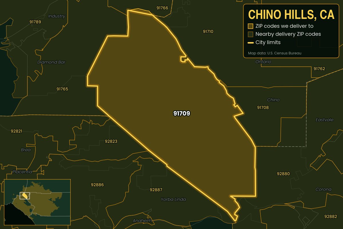 Map of Chino Hills, CA showing the ZIP codes Kwiki delivers to: 91709