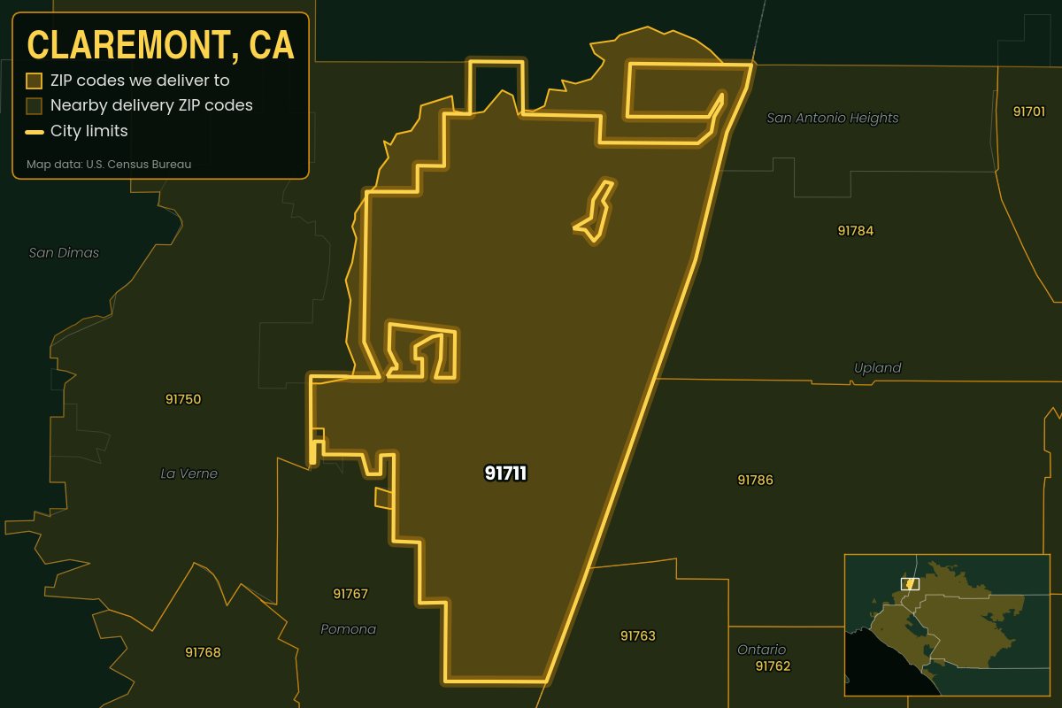Map of Claremont, CA showing the ZIP codes Kwiki delivers to: 91711