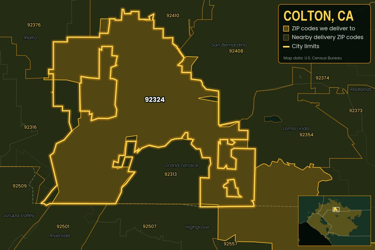 Map of Colton, CA showing the ZIP codes Kwiki delivers to: 92324