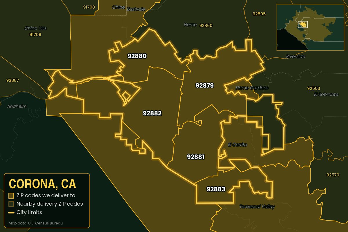 Map of Corona, CA showing the ZIP codes Kwiki delivers to: 92879, 92880, 92881, 92882, 92883