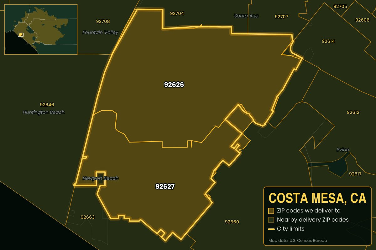 Map of Costa Mesa, CA showing the ZIP codes Kwiki delivers to: 92626, 92627