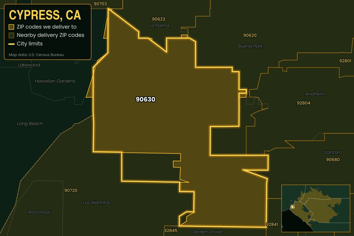 Map of Cypress, CA showing the ZIP codes Kwiki delivers to: 90630