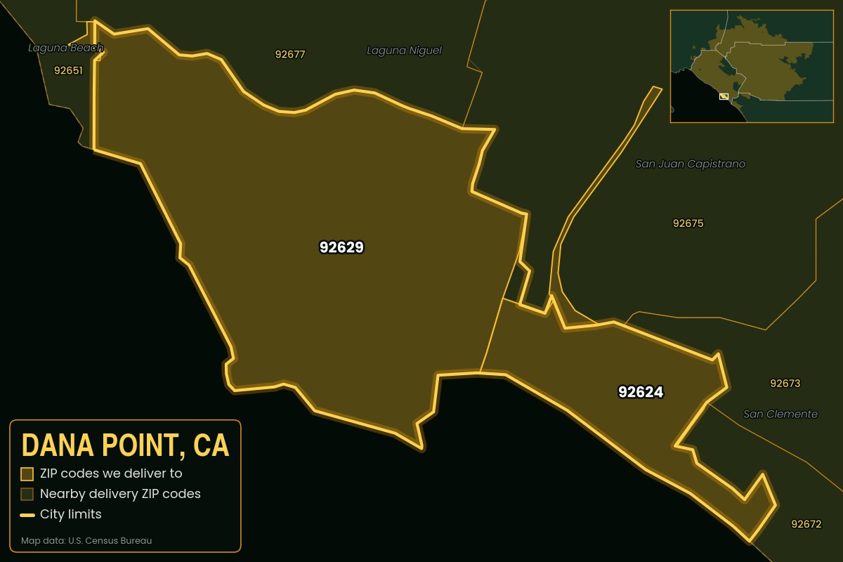 Map of Dana Point, CA showing the ZIP codes Kwiki delivers to: 92624, 92629