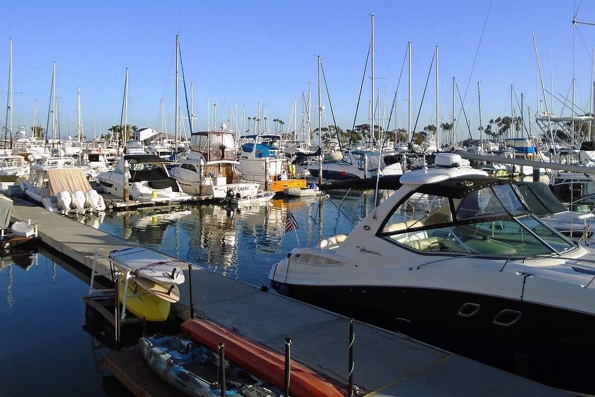 Boats moored in the East Basin marina of Dana Point Harbor in Dana Point, California