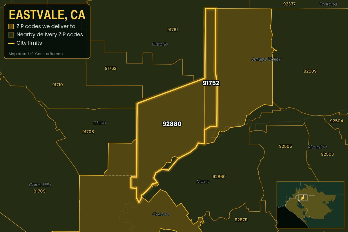 Map of Eastvale, CA showing the ZIP codes Kwiki delivers to: 91752, 92880