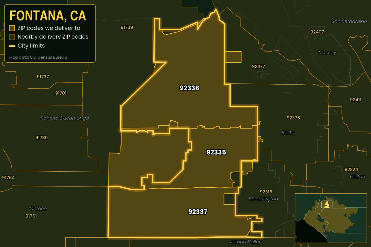 Map of Fontana, CA showing the ZIP codes Kwiki delivers to: 92335, 92336, 92337