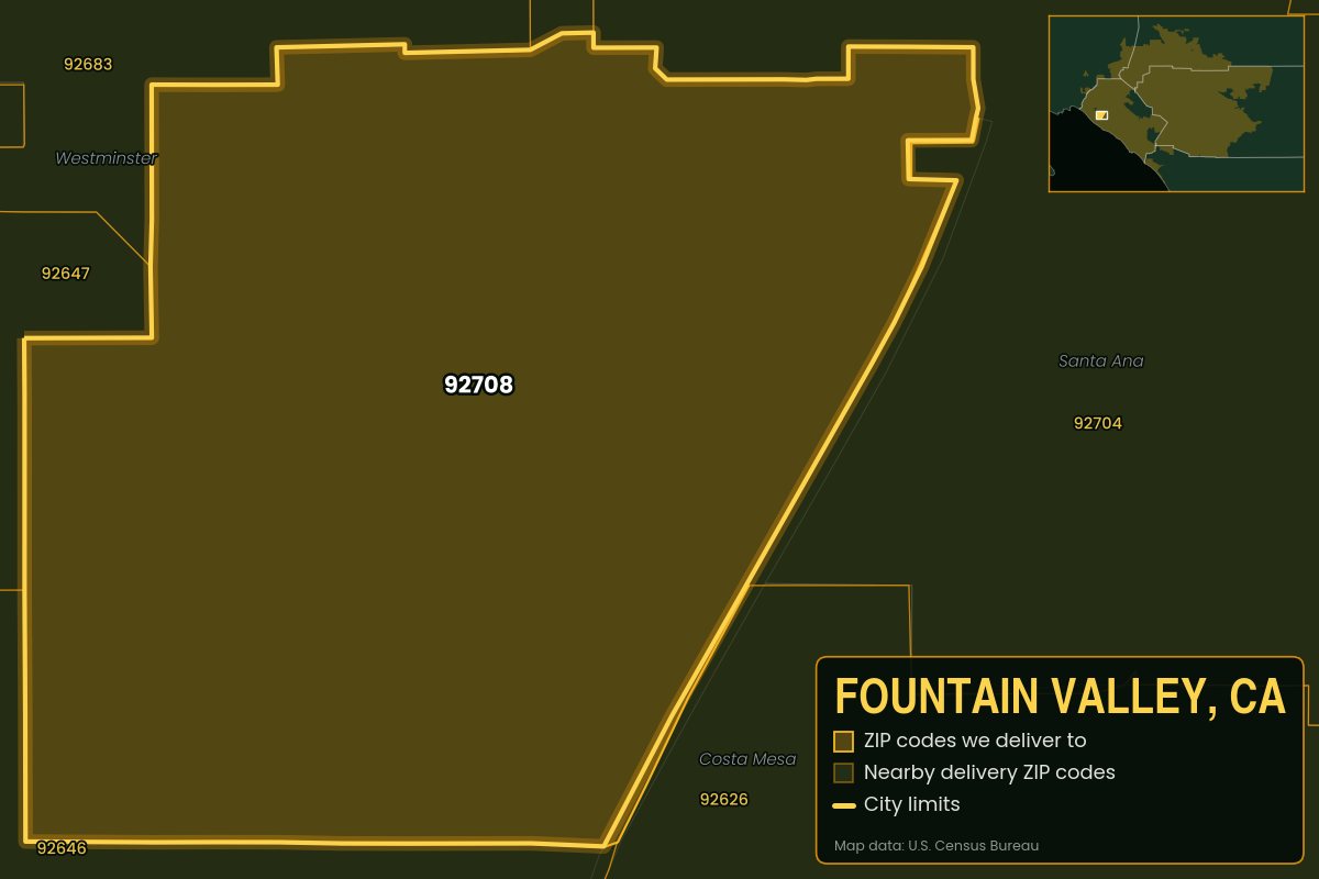 Map of Fountain Valley, CA showing the ZIP codes Kwiki delivers to: 92708