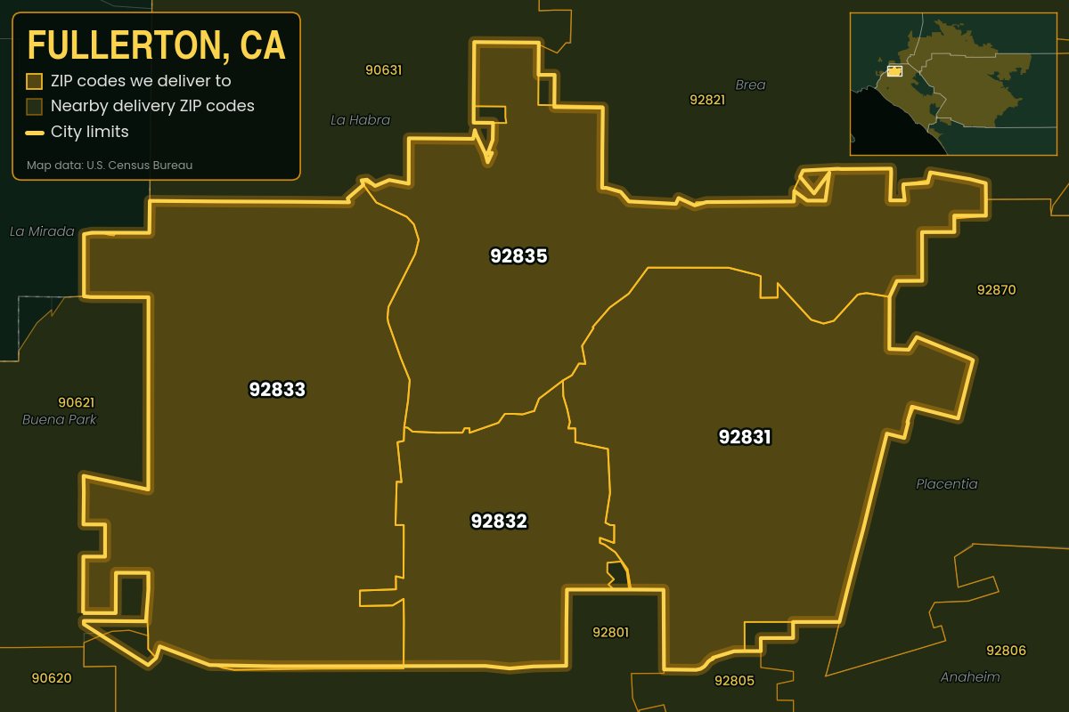 Map of Fullerton, CA showing the ZIP codes Kwiki delivers to: 92831, 92832, 92833, 92835