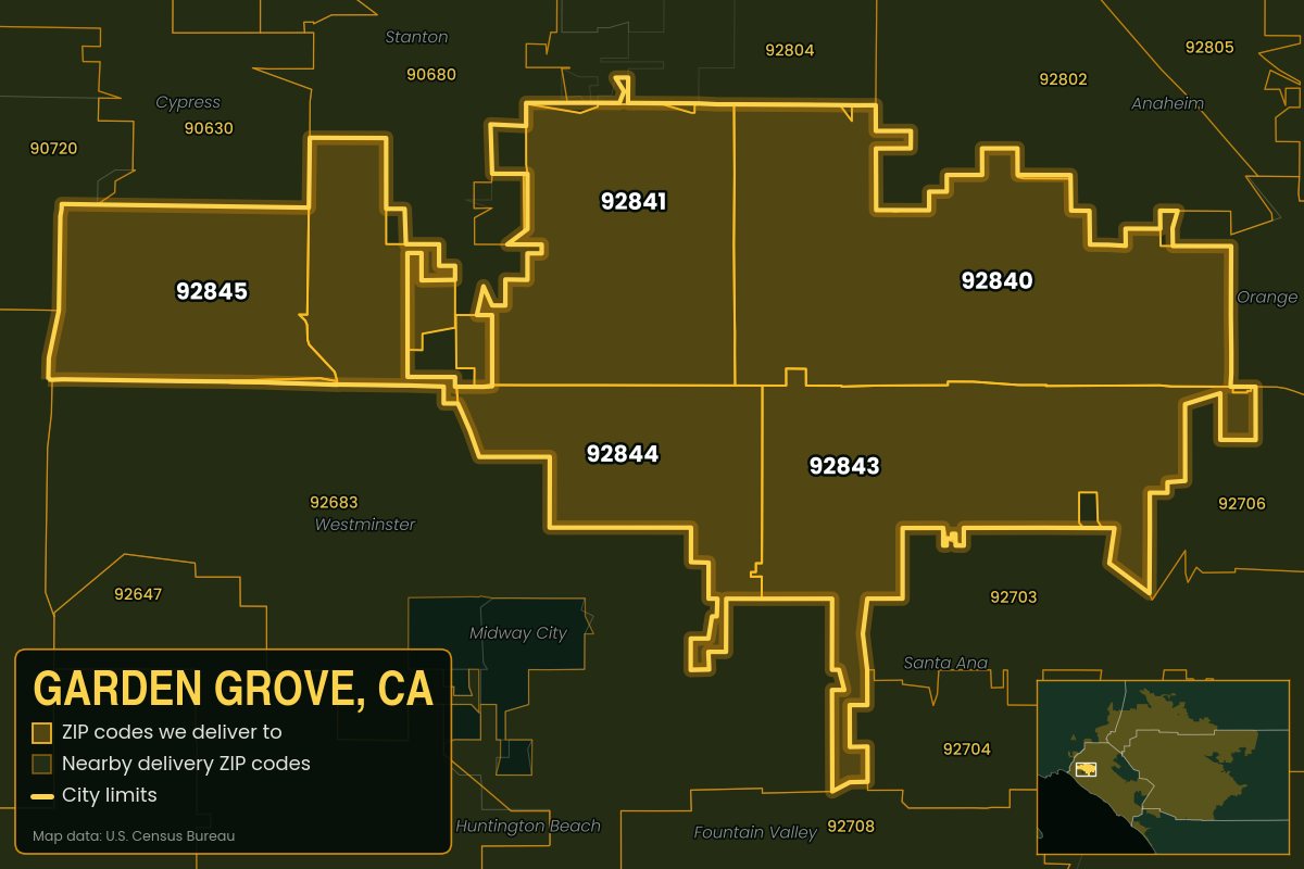 Map of Garden Grove, CA showing the ZIP codes Kwiki delivers to: 92840, 92841, 92843, 92844, 92845