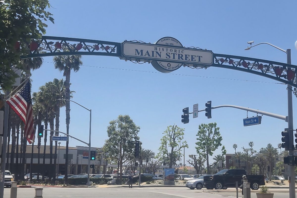 Historic Main Street archway over the street in Garden Grove, California
