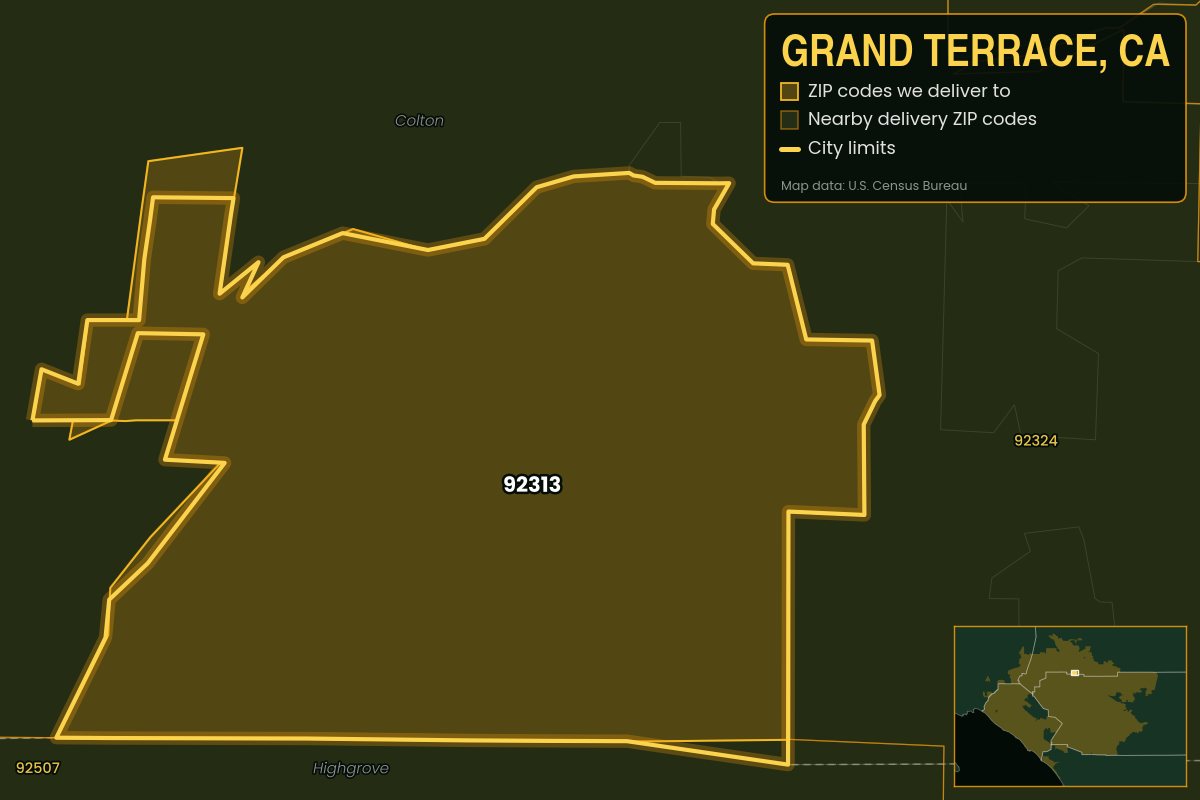 Map of Grand Terrace, CA showing the ZIP codes Kwiki delivers to: 92313