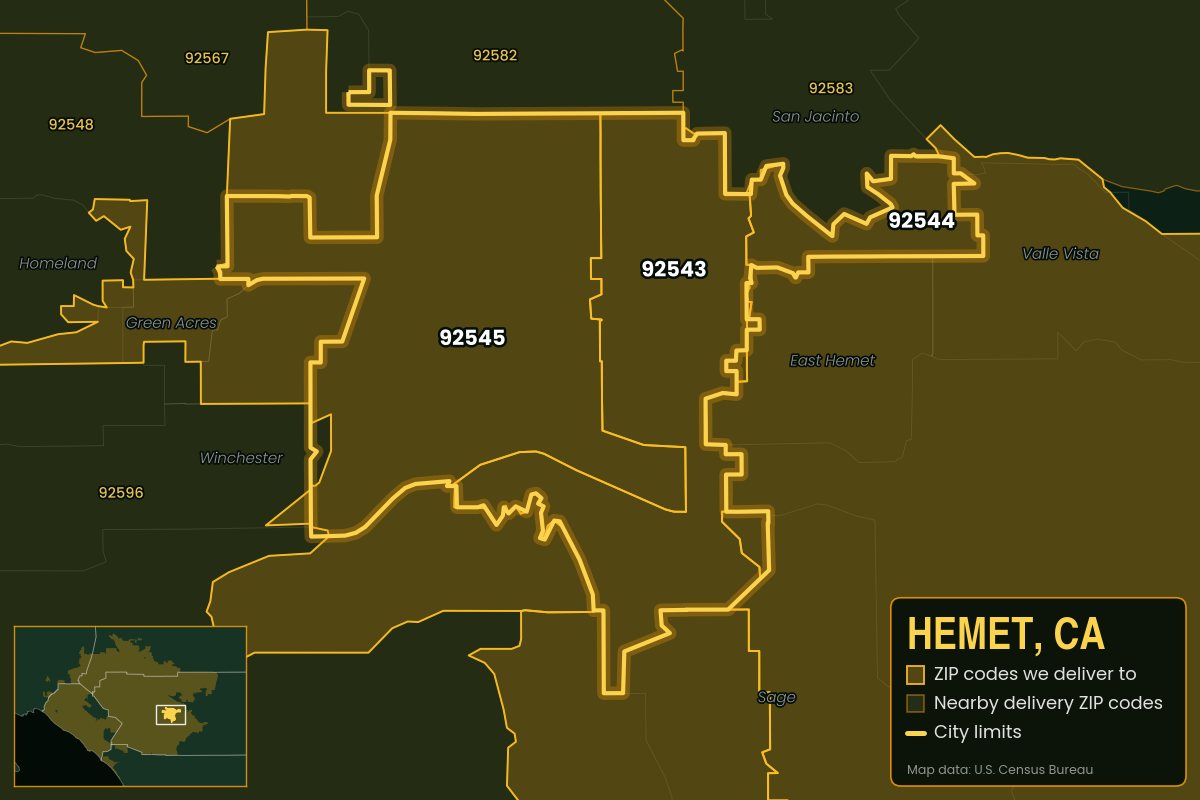 Map of Hemet, CA showing the ZIP codes Kwiki delivers to: 92543, 92544, 92545