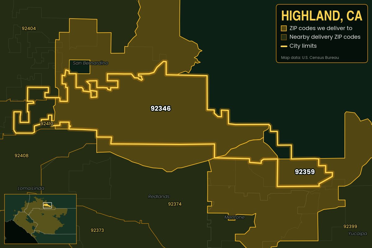 Map of Highland, CA showing the ZIP codes Kwiki delivers to: 92346, 92359