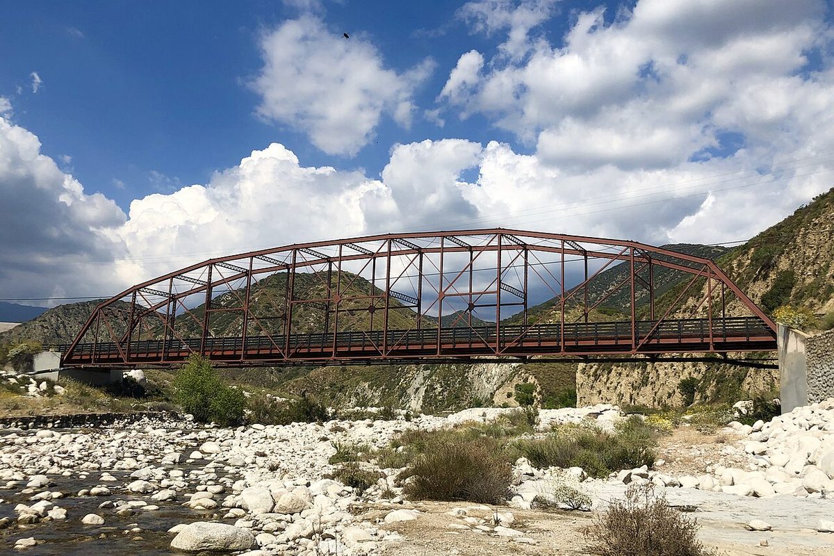 Historic steel truss bridge over the Santa Ana River in Highland, California
