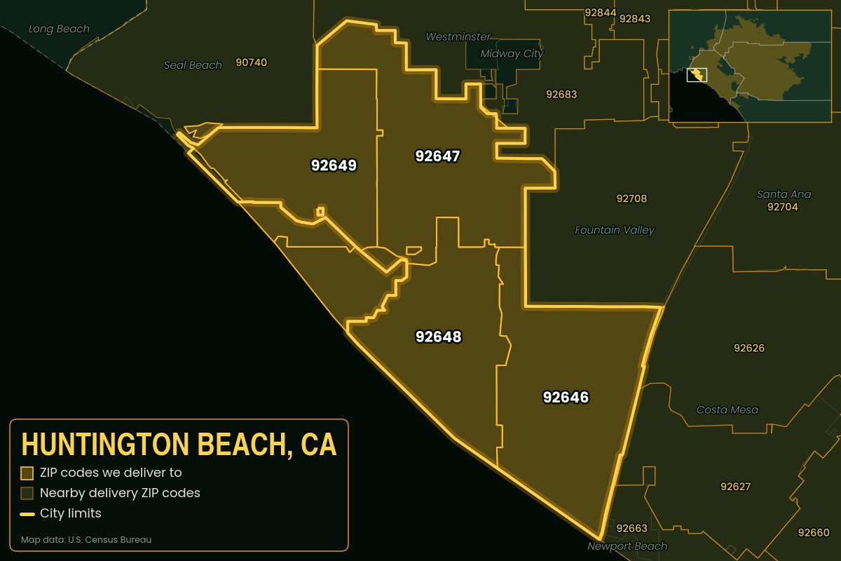 Map of Huntington Beach, CA showing the ZIP codes Kwiki delivers to: 92646, 92647, 92648, 92649