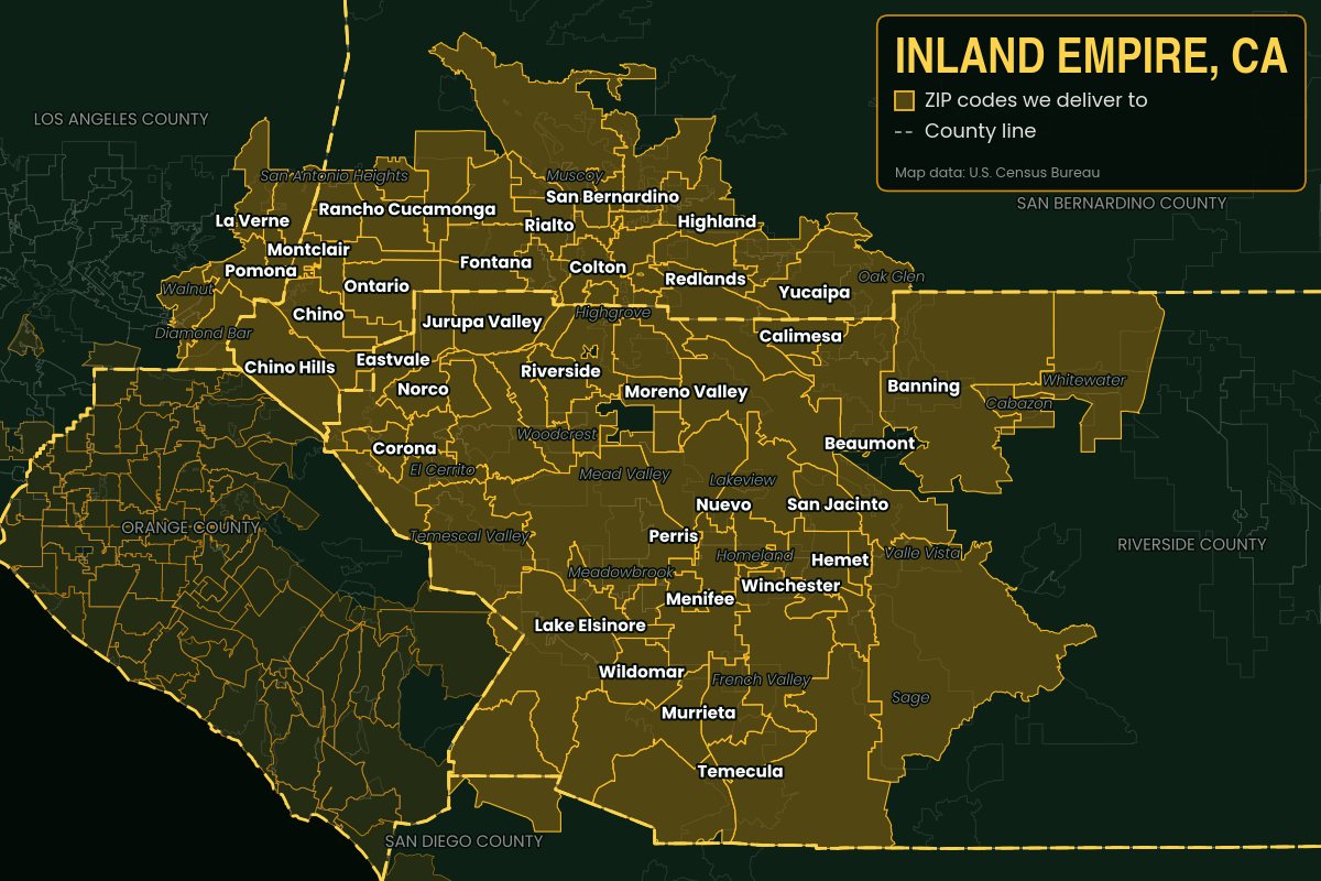 Map of the Inland Empire, CA showing the ZIP code areas Kwiki delivers to, shaded, across Riverside and San Bernardino counties with city names including Riverside, San Bernardino, Ontario, Corona and Temecula