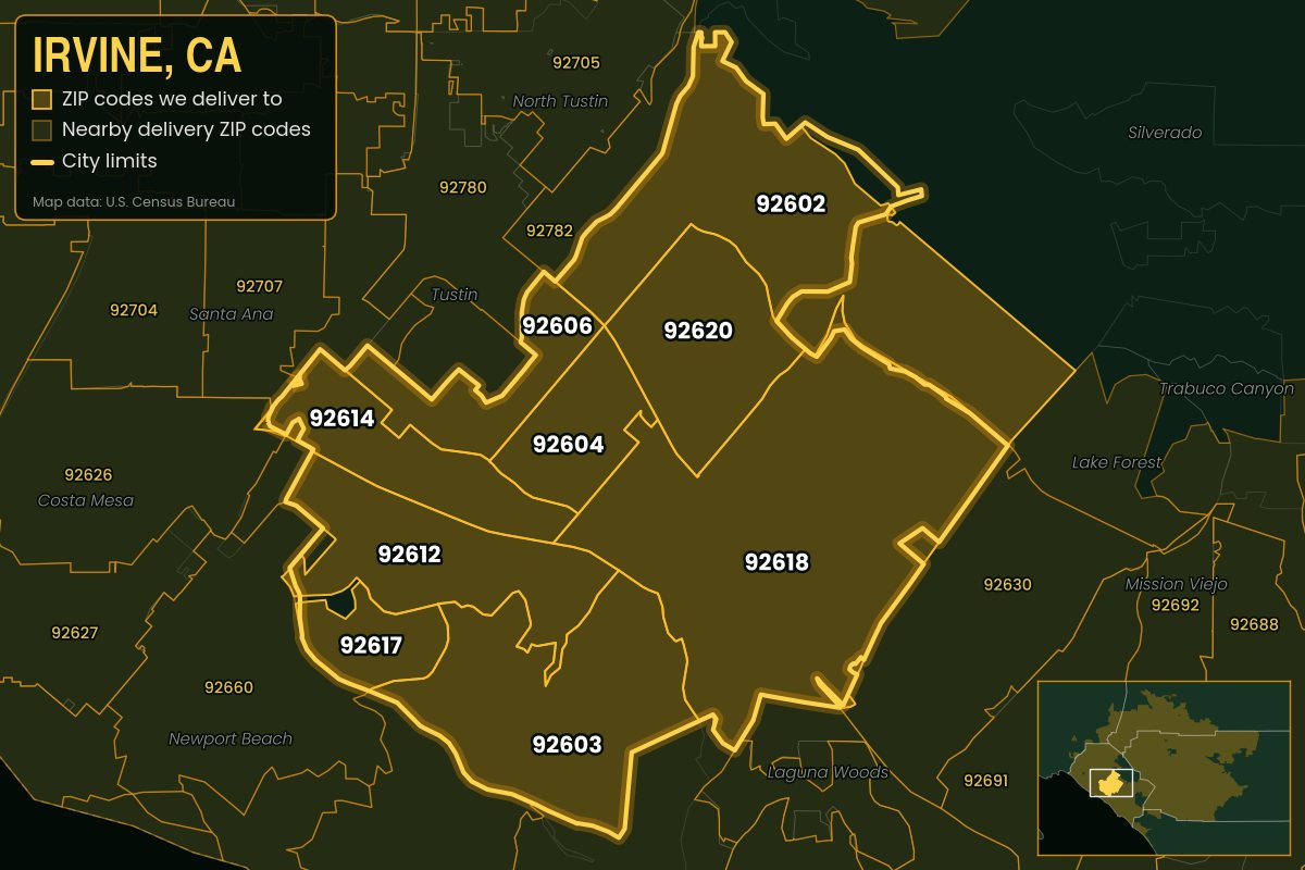Map of Irvine, CA showing the ZIP codes Kwiki delivers to: 92602, 92603, 92604, 92606, 92612, 92614, 92617, 92618, 92620