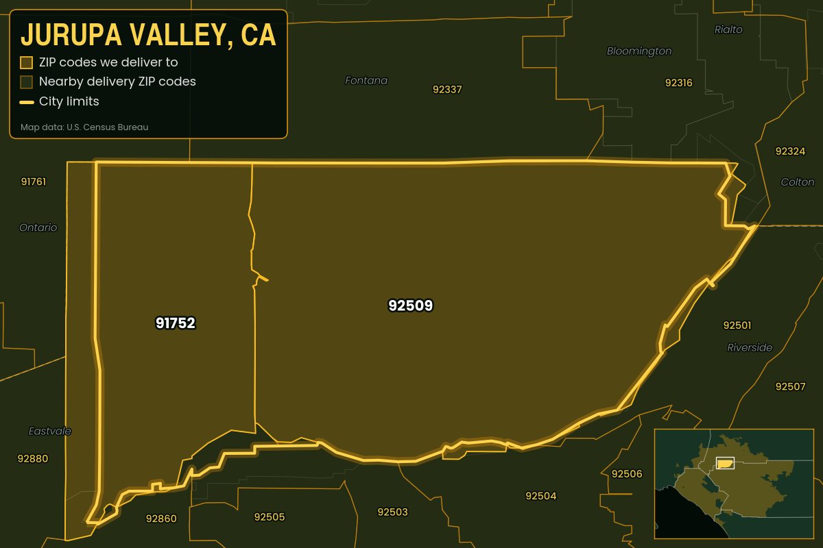 Map of Jurupa Valley, CA showing the ZIP codes Kwiki delivers to: 91752, 92509