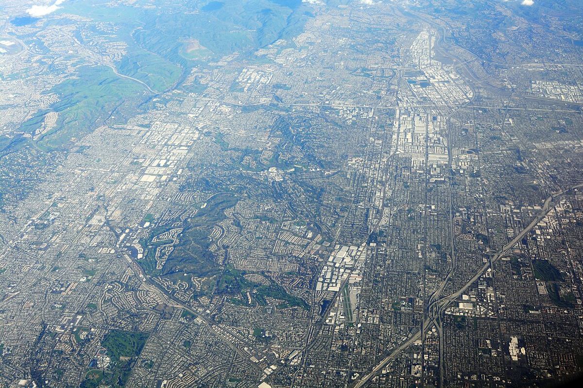 Aerial view looking east over La Habra and Fullerton, California