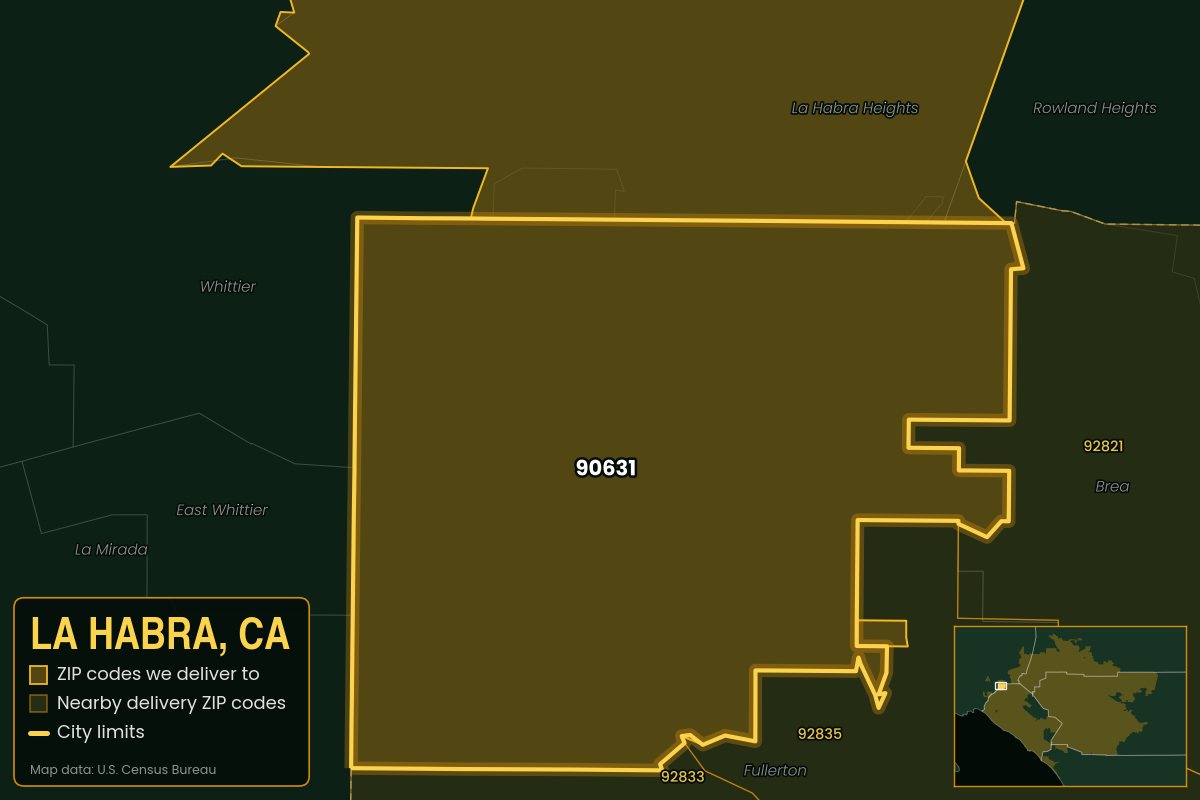 Map of La Habra, CA showing the ZIP codes Kwiki delivers to: 90631
