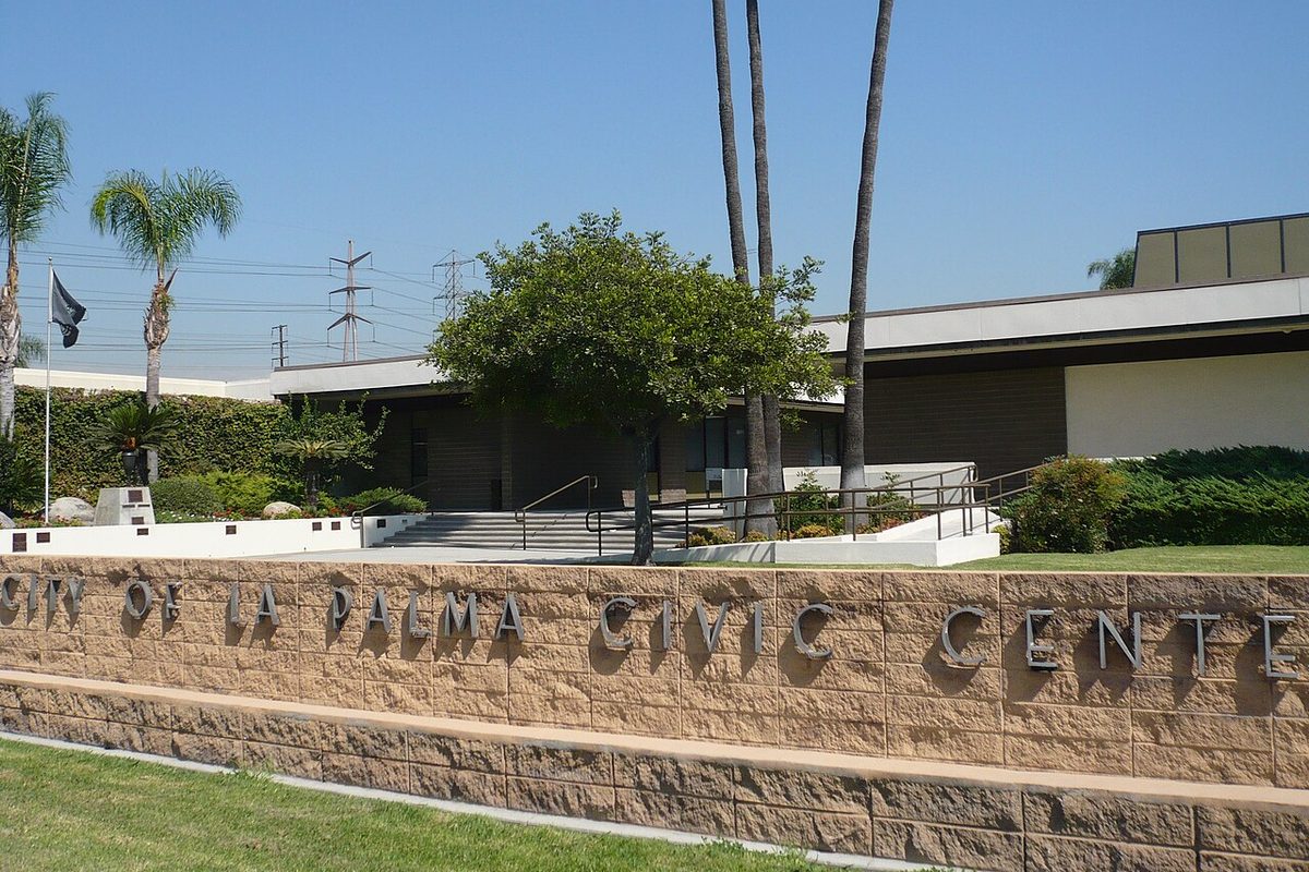 City of La Palma Civic Center sign and building in La Palma, California