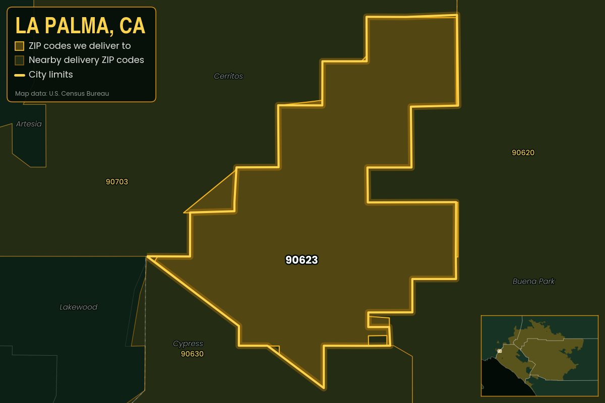 Map of La Palma, CA showing the ZIP codes Kwiki delivers to: 90623