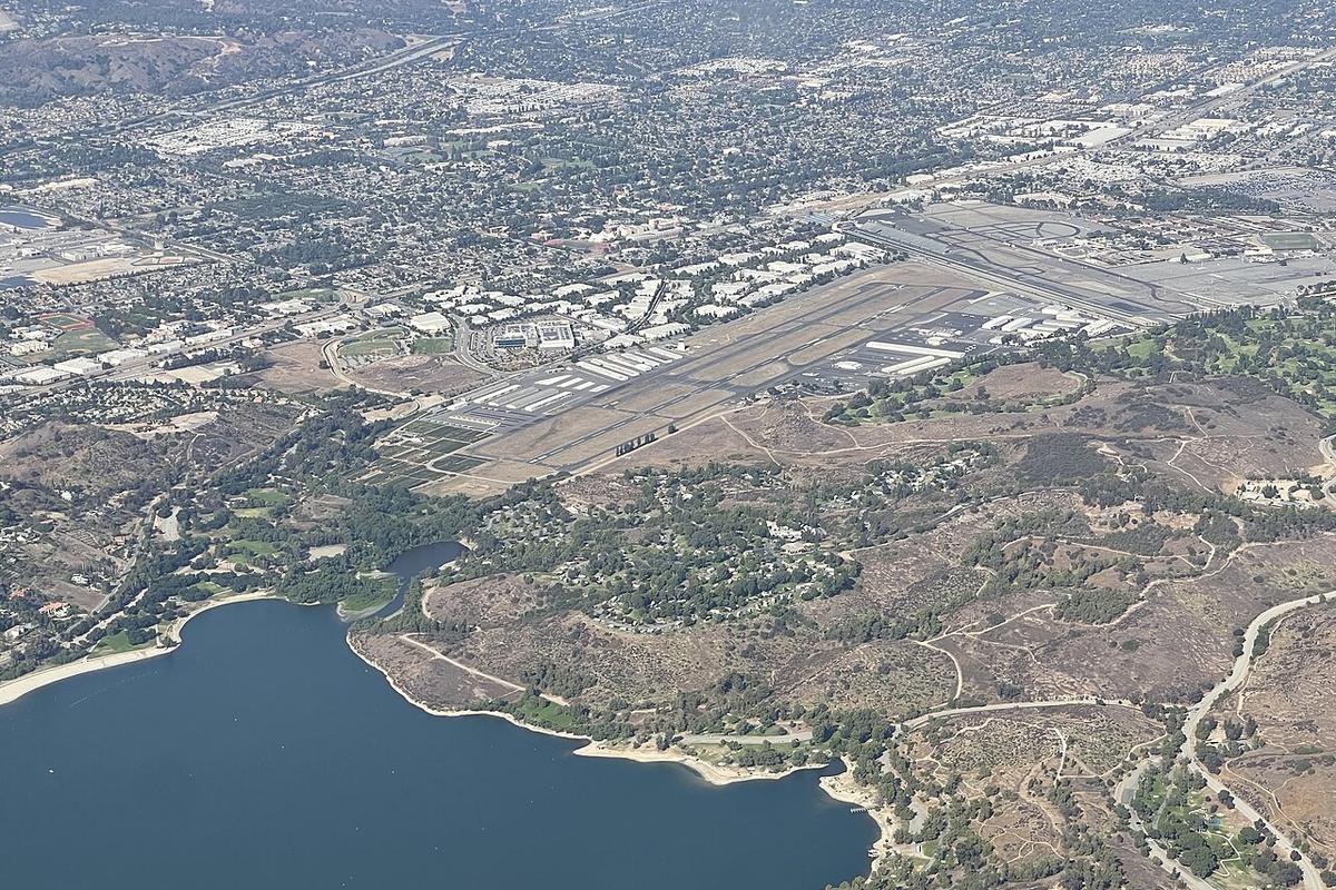 Aerial view of Brackett Field airport and Puddingstone Reservoir near La Verne, California