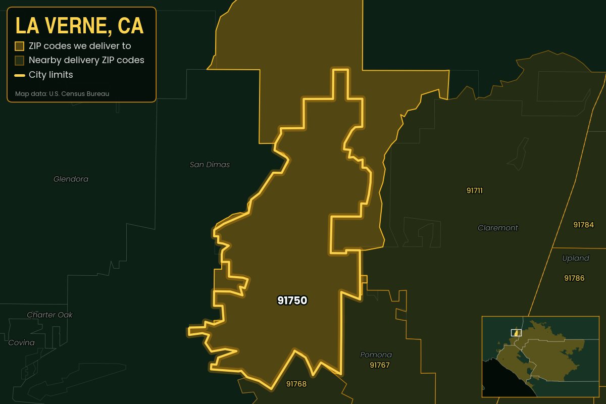 Map of La Verne, CA showing the ZIP codes Kwiki delivers to: 91750
