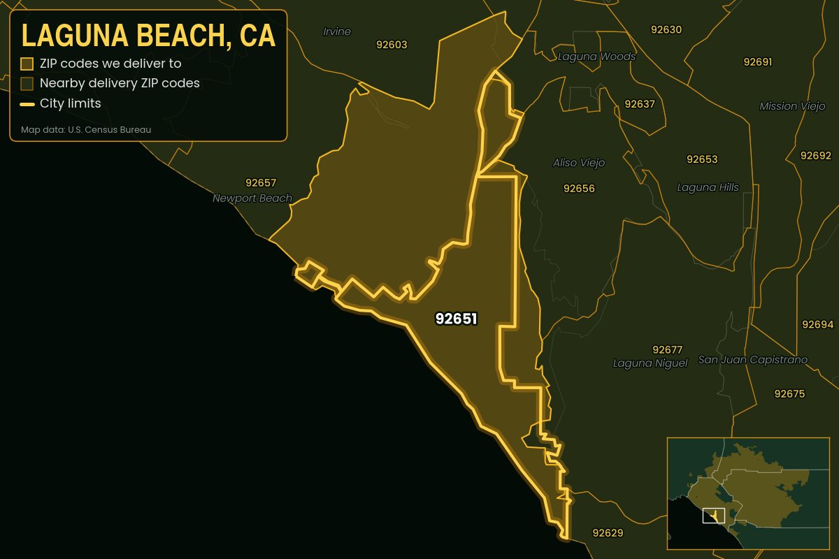 Map of Laguna Beach, CA showing the ZIP codes Kwiki delivers to: 92651