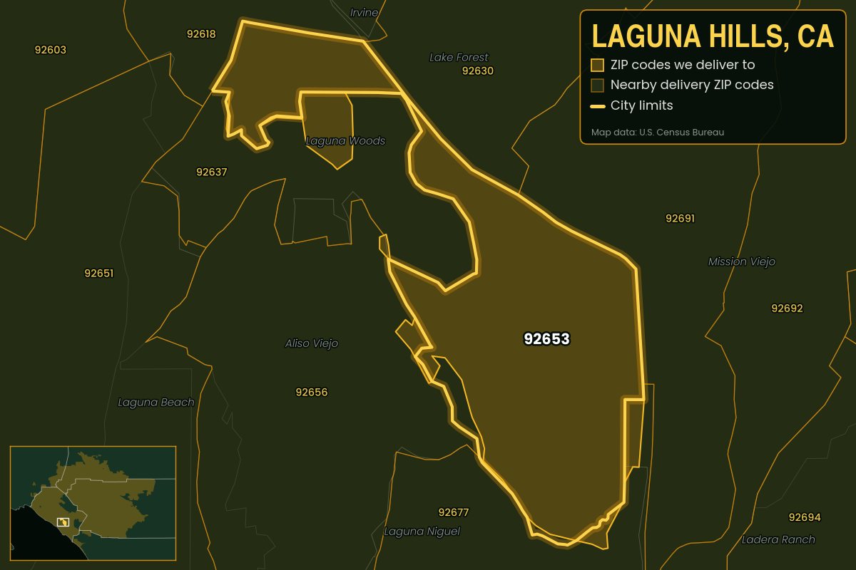Map of Laguna Hills, CA showing the ZIP codes Kwiki delivers to: 92653