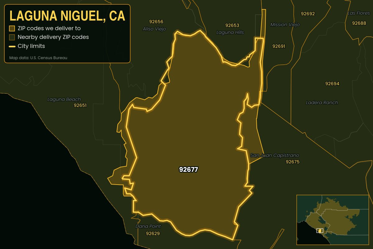 Map of Laguna Niguel, CA showing the ZIP codes Kwiki delivers to: 92677