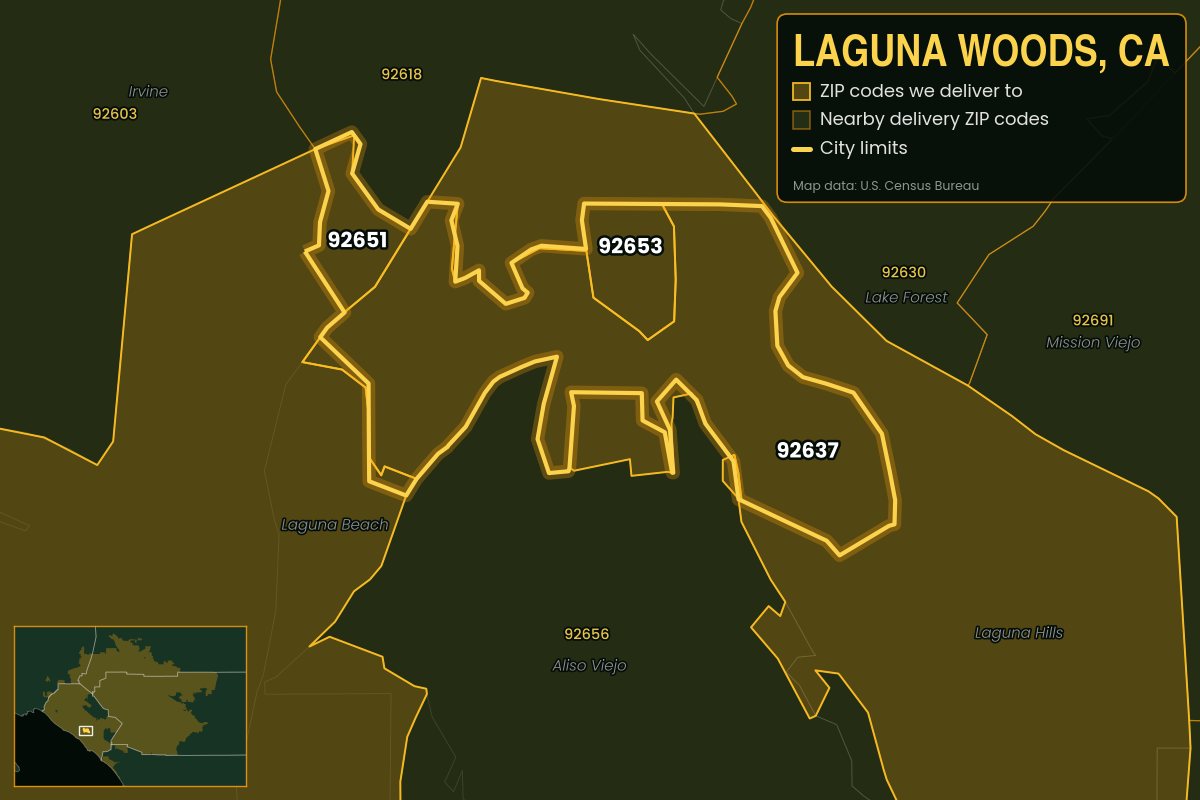 Map of Laguna Woods, CA showing the ZIP codes Kwiki delivers to: 92637, 92651, 92653