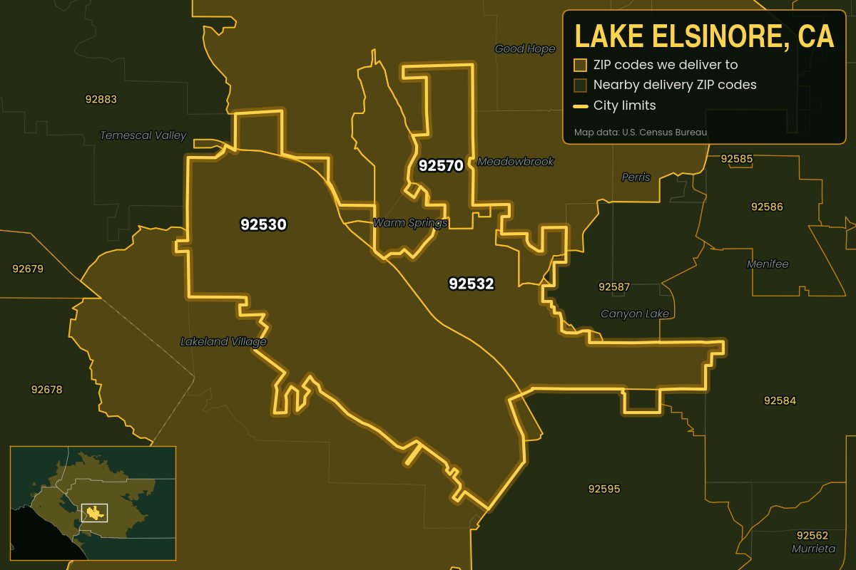 Map of Lake Elsinore, CA showing the ZIP codes Kwiki delivers to: 92530, 92532, 92570