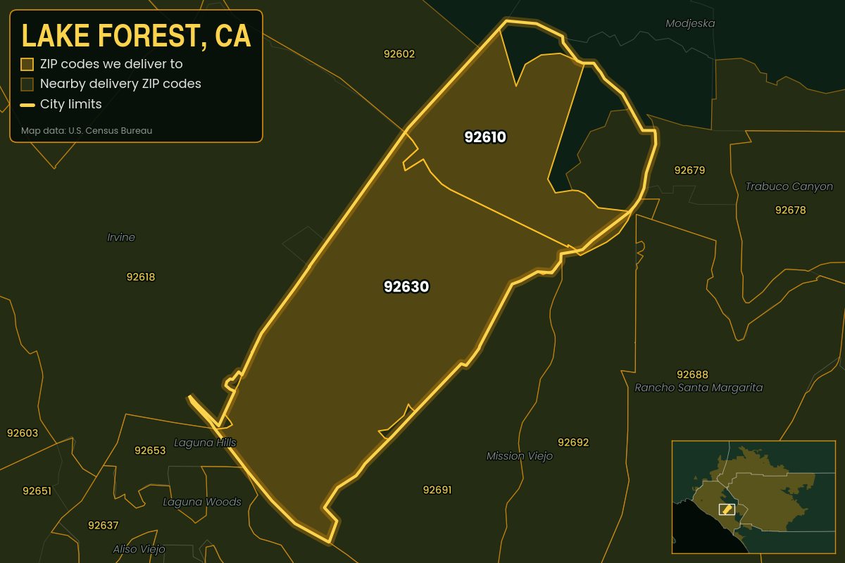 Map of Lake Forest, CA showing the ZIP codes Kwiki delivers to: 92610, 92630