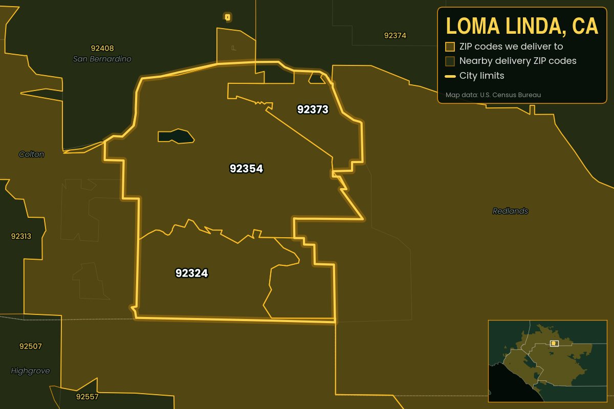 Map of Loma Linda, CA showing the ZIP codes Kwiki delivers to: 92324, 92354, 92373