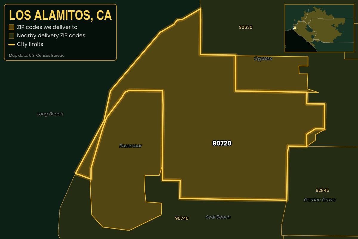 Map of Los Alamitos, CA showing the ZIP codes Kwiki delivers to: 90720