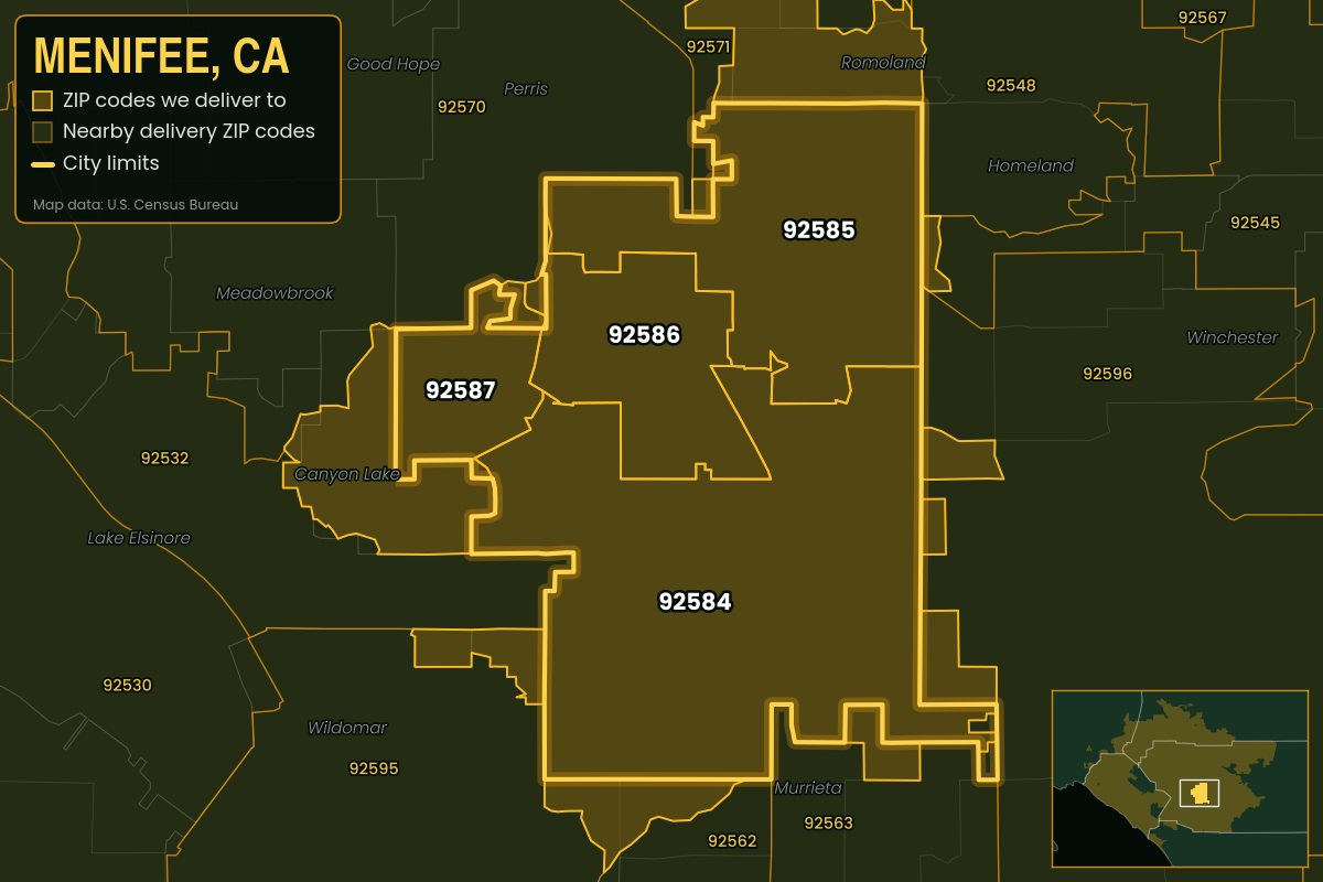 Map of Menifee, CA showing the ZIP codes Kwiki delivers to: 92584, 92585, 92586, 92587